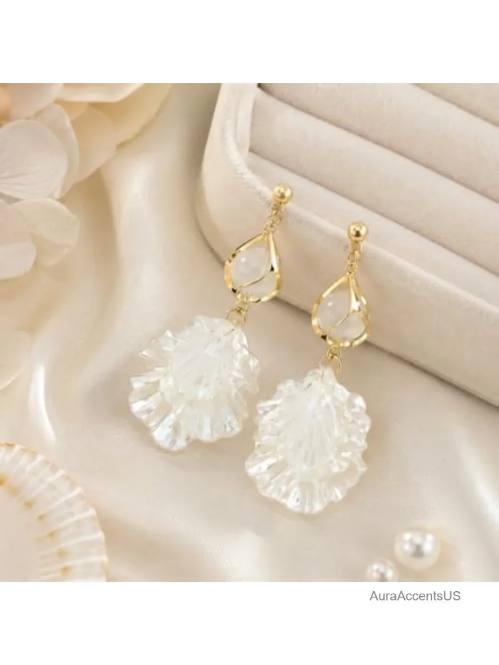 White Shell Petal Drop Earrings Gold Dangle Boho Statement Jewelry
